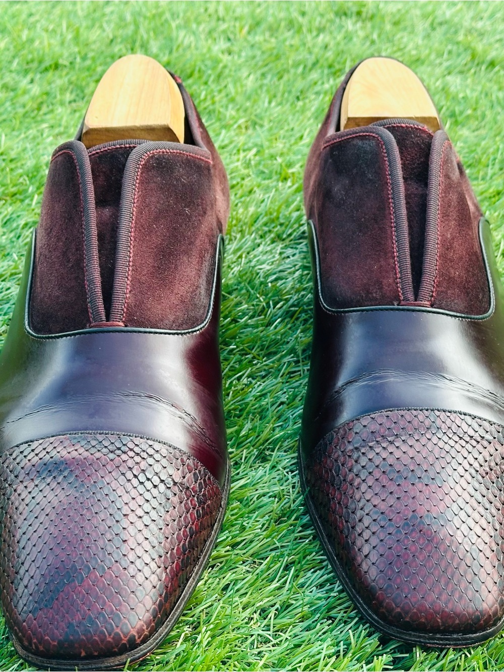 Christian Louboutin Burgundy Leather, Suede and Snakeskin Slip-On Loafers